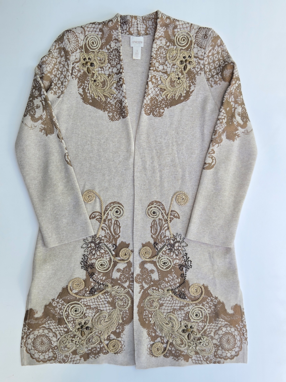 Chico's Open Front Cardigan Sweater Embroidered Beaded Floral Size-1 (US-M)